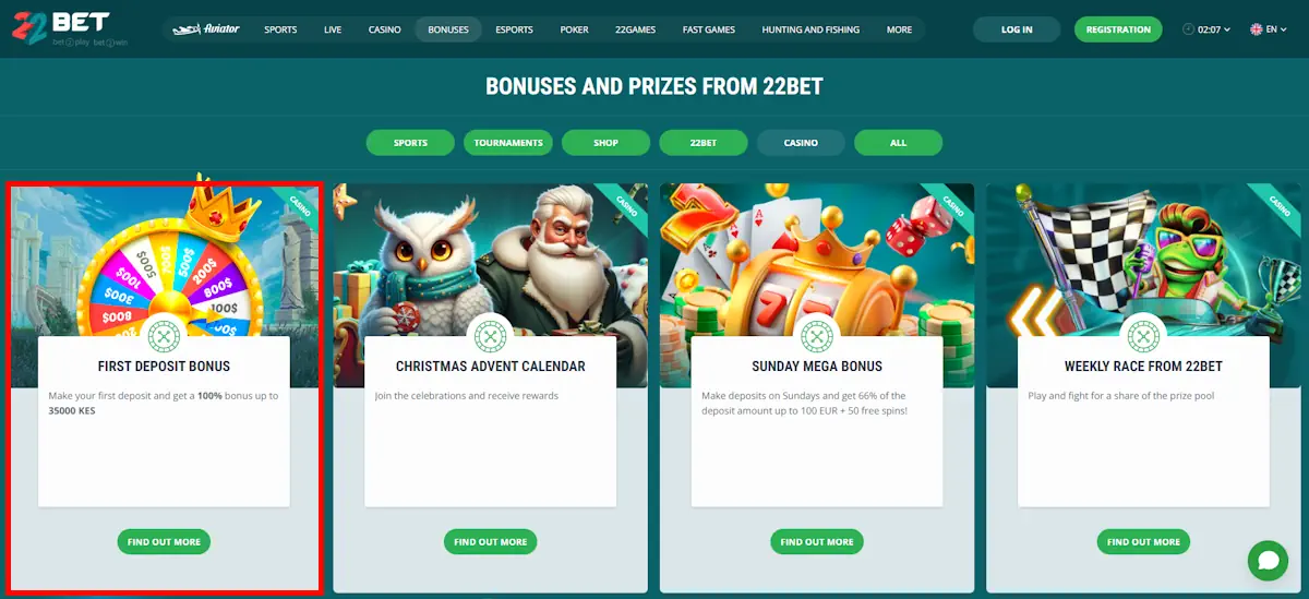 22Bet Kenya Casino Bonuses and Welcome Casino Bonus Screenshot